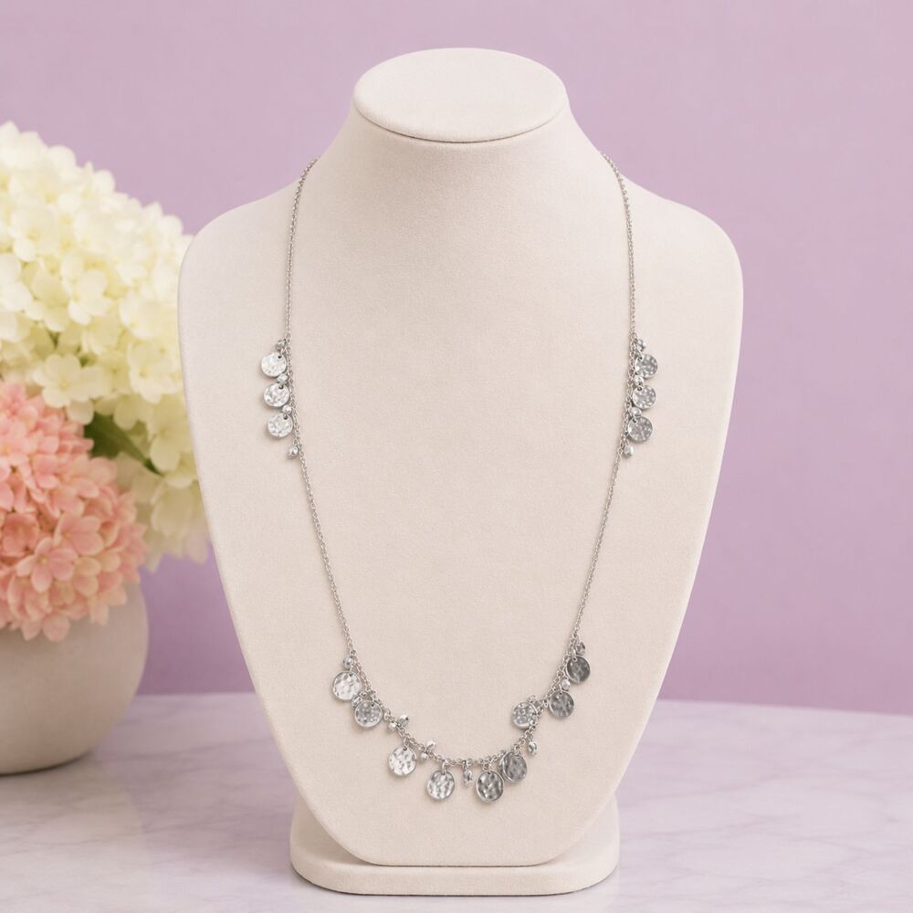 Silver Tone Hammered Disc Crystal Station Long Necklace
